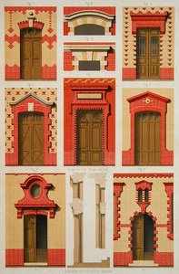 砖头上的凸出部分和三面墙的设计，插图来自J.Lacroux的《La Brique Ordinaire》，Ducher版本 作者 道蒙 道蒙