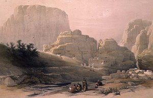 显示卫城的山谷下端，佩特拉，1839年3月9日，板块102来自《圣地》第三卷，由Louis Haghe（1806-85）雕刻出版。1849年（石印） 作者 大卫（后）罗伯茨