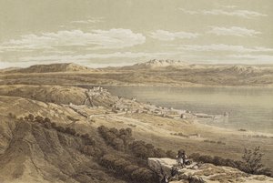 Tiberias looking towards Hermon (colour litho) 作者 大卫（后）罗伯茨