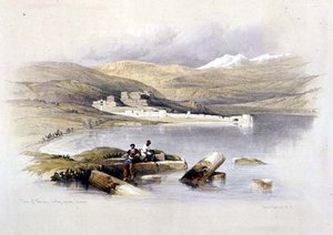 看向黎巴嫩的太巴列镇，《圣地》第一卷中的图版35，由Louis Haghe（1806-85）雕刻出版。1842年（石印 作者 大卫（后）罗伯茨