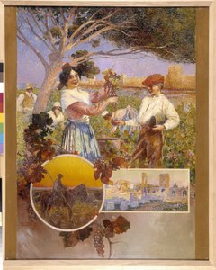 Aigues Mortes（Aigues-Mortes），阿尔勒，卡马格：一位年轻女子展示她刚从葡萄园采摘的一串美丽的葡萄。大卫-德尔皮安（David Dellepiane，1866-1932 年），点彩画。必须提及：普罗旺斯问候基金会收藏，马赛（厘米 1