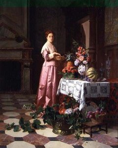 桌子上有水果和鲜花的女士 作者 David Emil Joseph de 和 Knarren P. Noter