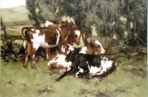 三只小牛，约1920年（布面油画） 作者 大卫·古尔德