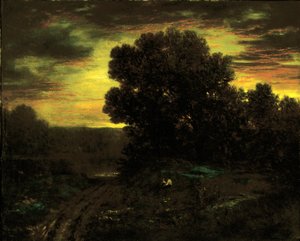 夕阳下的河流景观，约1890年。