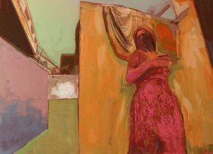 穿粉红色衣服的女人，2016年，木板上的混合媒体 作者 大卫·麦康诺奇