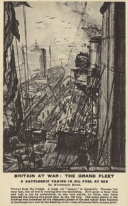 第一次世界大战，一艘战舰在海上加油（石版画） 作者 大卫·缪尔黑德·博恩