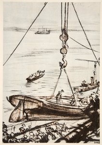 在战舰上：从主井架上放下一艘船，插图选自乡村生活有限公司出版的《西部前线》。 作者 大卫·缪尔黑德·博恩