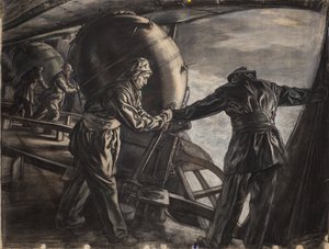 冰岛近海冬季布雷研究》，约 1942 年（纸上炭笔和彩色粉笔） 作者 大卫·缪尔黑德·博恩