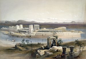 努比亚菲莱岛全貌》，1838 年 11 月。采用大卫-罗伯茨（1796-1864 年）的水彩画。神庙 古埃及 考古学 宗教 神话 废墟 作者 大卫·罗伯茨