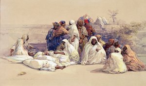 奴隶市场，开罗，约 1838 年（纸上铅笔和水彩画） 作者 大卫·罗伯茨