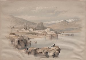 太巴列，从城墙上看，远处是萨菲特，1839年。 作者 大卫·罗伯茨