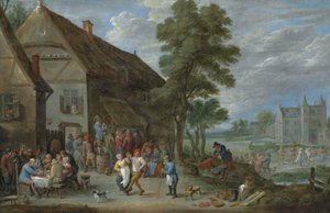 农民在 Perck 的一家客栈外跳舞，客栈外是 Kasteel de Drij Toren 作者 大卫·特尼尔斯（David Teniers）