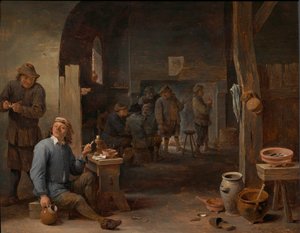 客栈内部，农民在桌边吸烟，在篝火前交谈 作者 大卫·特尼尔斯（David Teniers）