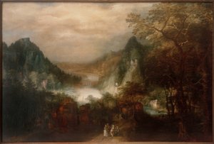 山区河流景观与优雅的人物 作者 戴维·温克伯恩斯（David Vinckeboons）