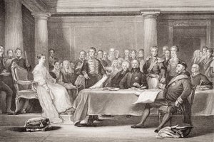 维多利亚女王的第一个议会，肯辛顿宫，1837年6月21日，来自“英国和苏格兰历史插图”第二卷 作者 大卫威尔基