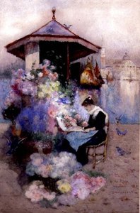 威尼斯里瓦河上的卖花人（纸上水彩画）