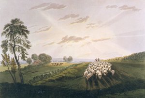 下午，萨里的景色，山水画和水彩效果的论文插图，1841年（手工彩色）