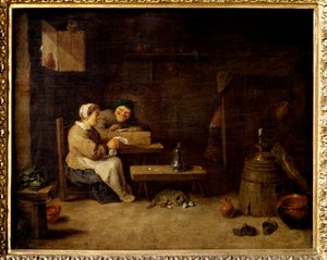 Restaurant Interieur 佛兰芒客栈里的两个怪诞人物。 David Teniers II the Younger (1610-1660) 17 世纪的绘画。 0.23x0.28 m 巴黎，卢浮宫 作者 大卫·特尼尔斯（David Teniers）