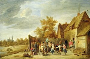 农民在旅馆外面跳舞（布面油画） 作者 大卫·特尼尔斯（David Teniers）