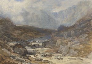 威尔士山景与滔滔河水（纸本水彩、体彩和黑色粉笔画）