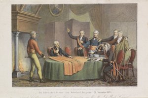 1813 年 11 月 21 日，三巨头以奥兰治亲王的名义接受最高统帅职位
荷兰恢复了荷兰政府。(1813 年 11 月 20 日）（标题见实物）