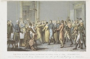 奥兰治亲王在林堡-斯蒂鲁姆伯爵家中，1813 年
威廉-奥兰治亲王在位于海格的林堡-斯蒂鲁姆伯爵家中。(1813 年 11 月 30 日）（物品上的标题） 作者 大卫·范德凯伦