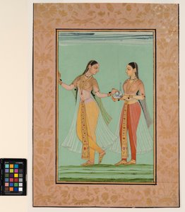 一位站立的女士被她的女仆提供了一个托盘，约1670年（不透明的水彩和金纸）。
