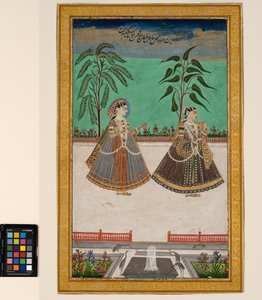 Golconda 的 Tana Shah 后宫的两名女性，约 1800 年（纸上不透明水彩和金色，装在专辑页面上）