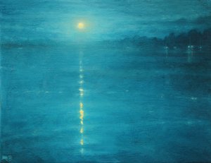 运河上的月出、2020 年（布面油画） 作者 德里克·哈尔