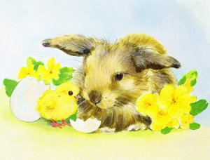 与报春花和小鸡的复活节兔子