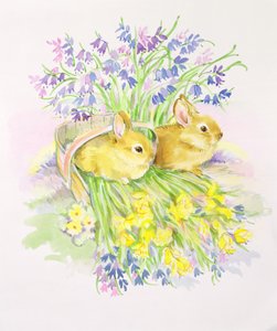 在与黄水仙和会开蓝色钟形花的草的一个篮子的兔子 作者 黛安·马蒂斯