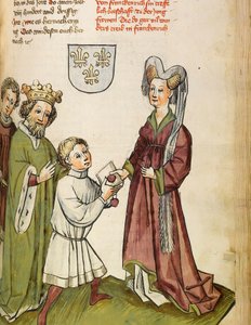 百年战争 (1337-1453)：神圣罗马帝国的西吉斯蒙德一世 (1368-1437) 会见圣女贞德 (1412-1431) - 圣女贞德之前的西吉斯蒙德皇帝 - 来自迪堡劳伯工作室的微型模型（1427 年之前 - 之后）第1471章）摘自“” 作者 Diebold（车间）劳伯