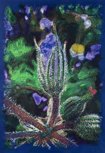 Calzada de Valdunciel 附近的蜜草，2025 年（布料上的丙烯酸和铅笔）