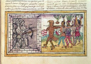 Codex Duran：Pedro de Alvarado（约1485-1541）Hernando Cortes（1485-1547）的同伴被阿兹特克战士包围