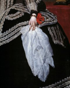 手和围巾 奥地利女王玛丽·安妮（玛丽安）（1634-1696 年）、菲利普四世的妻子肖像的细节“”迭戈·贝拉斯克斯（1599-1660 年）绘画，17 世纪马德里，普拉多博物馆 作者 迭戈委拉斯开兹