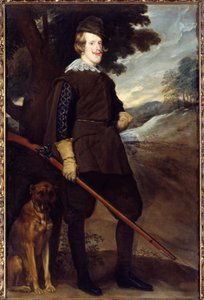 菲利普四世 (1605-1665) 的肖像，西班牙国王 30 岁时穿着狩猎服。 Diego Rodriguez de Silva y Velasquez (1599-1660) 的绘画 作者 迭戈委拉斯开兹