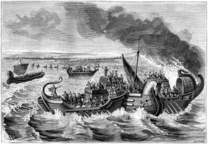公元前1882-1884年，在卢瓦尔河上的罗马和威尼蒂战舰之间作战。 作者 迪特里希