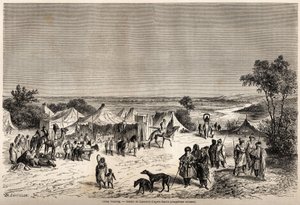 兰斯洛特绘制的途锐营地，展示了亨利·巴特博士 1849-1855 年前往非洲中心的旅程。 镌刻在“”环游世界，新旅游杂志“”巴黎