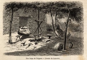 A gypsy forge in the region of Walachia, Romania. Engraving to illustrate the voyage from Paris to Bucharest, by Lancelot, draftsman, in 1860, published in “Le tour du monde, nouveau journal des voyages”, under the direction of Edouard Charton 作者 Dieudonne Auguste Lancelot