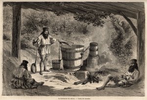 The manufacture of rakiou, cereal alcohol, sort of schnapps very common in Romania. Engraving to illustrate the voyage from Paris to Bucharest, by Lancelot, draftsman, in 1860, published in “Le tour du monde, nouveau journal des voyages”, under the directi