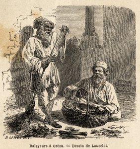 The sweepers in Orezu (Romania). Engraving to illustrate the voyage from Paris to Bucharest, by Lancelot, draftsman, in 1860, published in “Le tour du monde, nouveau journal des voyages”, under the direction of Edouard Charton