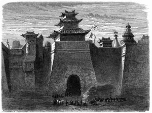 中国北京（北京）的城墙和城门。 兰斯洛特版画，《世界之旅》，Nouveau journal des Voyages 》，Edouard Charton 编辑，巴黎