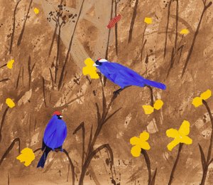 原色（Diadem Tanagers 和 Ceibo 树）（丙烯和拼贴画） 作者 
