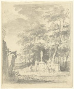 人物围绕雕像的阿卡迪亚景观 作者 Dionys van Nijmegen (可能)