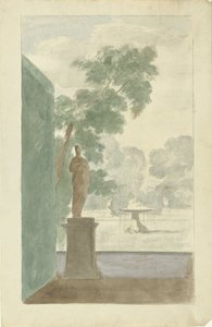 大厅墙壁装饰设计：带雕像、喷泉和瓮的花园景观 作者 Dionys van Nijmegen (可能)