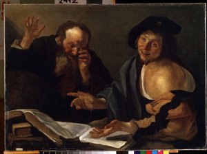 "赫拉克利特和德谟克利特" 希腊哲学家赫拉克利特（Heraclitus of Ephesus，公元前 535-475 年）和德谟克利特（Democritus，公元前 460-370 年）。西奥多-凡-巴布伦（Dirk Baburen）（1570/90-1623/4）17 世纪的绘画 米卡洛美术馆 作者 迪克·巴布伦·范（Dirck Baburen van）