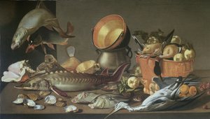 鲟鱼和其他鱼类，鸭子和苍鹭的静物