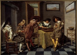 tric trac的部分（tri-trac：古老的西洋双陆棋游戏）。德克-哈尔斯（1591-1656）的画作，大约在1615-1625年间。油画在木头上。深度：0.38 X 0.53米。里尔，艺术博物馆 - 双骰子游戏者（"双骰子：古代双陆棋游戏）。德克-哈尔斯的画作（159