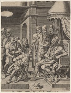被带到国王面前的不仁慈的仆人 作者 Dirck Volckertz Coornhert，在 Maerten van Heemskerck 之后