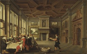 Diner distingue dans un interieur - Distinguished Dinner Company in an Interior, by Delen, Dirck van (c. 1605-1671).布面油画
